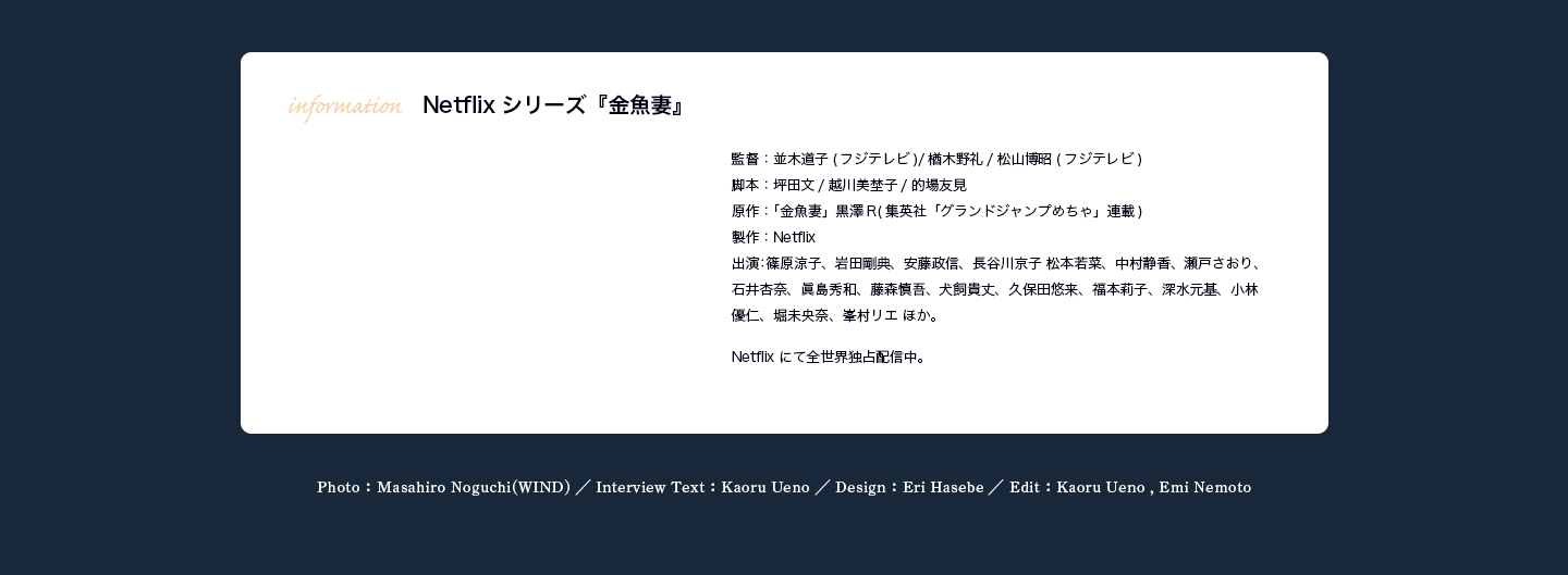 Netflixシリーズ『金魚妻』 監督：並木道子（フジテレビ）/楢木野礼/松山博昭（フジテレビ） 脚本：坪田文/越川美埜子/的場友見 原作：「金魚妻」黒澤Ｒ（集英社「グランドジャンプめちゃ」連載） 制作：Netflix 出演：篠原涼子、岩田剛典、安藤政信、長谷川京子、松本若菜、中村静香、瀬戸さおり、石井杏奈、眞島秀和、藤森慎吾、犬飼貴丈、久保田悠来、福本莉子、深水元基、小林優仁、堀未央奈、峯村リエ ほか