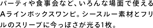 パーティや食事会など、いろんな場面で使えるAラインボックスワンピ。シースルー素材とフリルのスリーブに今っぽさが光る1枚。