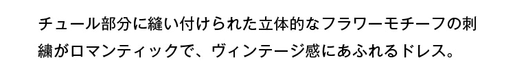 チュール部分に縫い付けられた立体的なフラワーモチーフの刺繍がロマンティックで、ヴィンテージ感にあふれるドレス。
