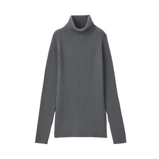 首のチクチクをおさえた　洗えるワイドリブ編みタートルネック　ダークグレー