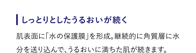 【しっかりとしたうるおいが続く】肌表面に「水の保護膜」を形成。継続的に角質層に水分を送り込んで、うるおいに満ちた肌が続きます。
