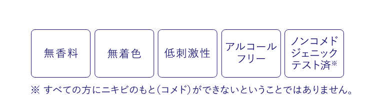 無香料／無着色／低刺激性／アルコールフリー／ノンコメドジェニックテスト済(※)／※すべての方にニキビのもと（コメド）ができないということではありません。