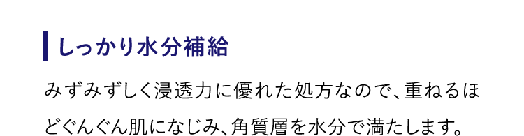 【しっかり水分補給】みずみずしく浸透力に優れた処方なので、重ねるほどぐんぐん肌になじみ、角質層を水分で満たします。