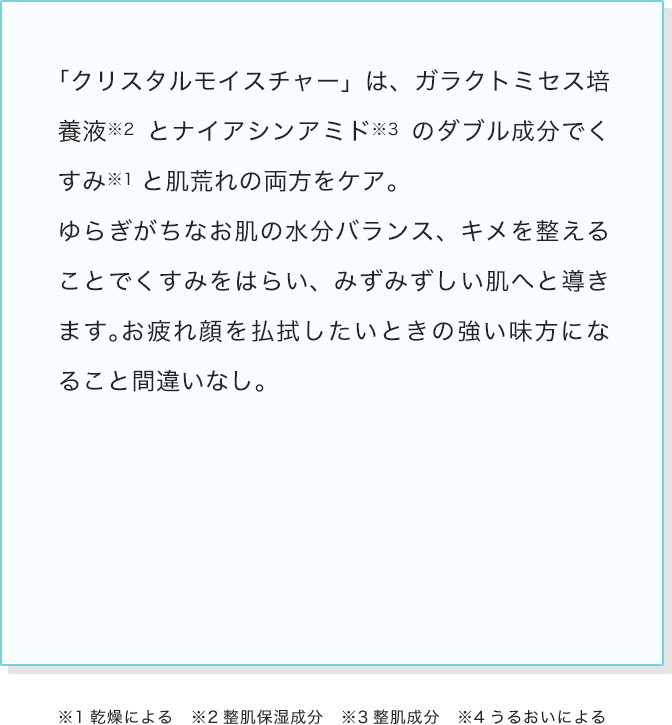 「クリスタルモイスチャー」は、ガラクトミセス培養液とナイアシンアミドのダブル成分でくすみと肌荒れの両方をケア。ゆらぎがちなお肌の水分バランス、キメを整えることでくすみをはらい、みずみずしい肌へと導きます。お疲れ顔を払拭したいときの強い味方になること間違いなし。