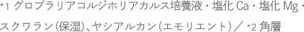*1 グロブラリアコルジホリアカルス培養液・塩化Ca・塩化Mg・スクワラン（保湿）、ヤシアルカン（エモリエント）／*2 角層