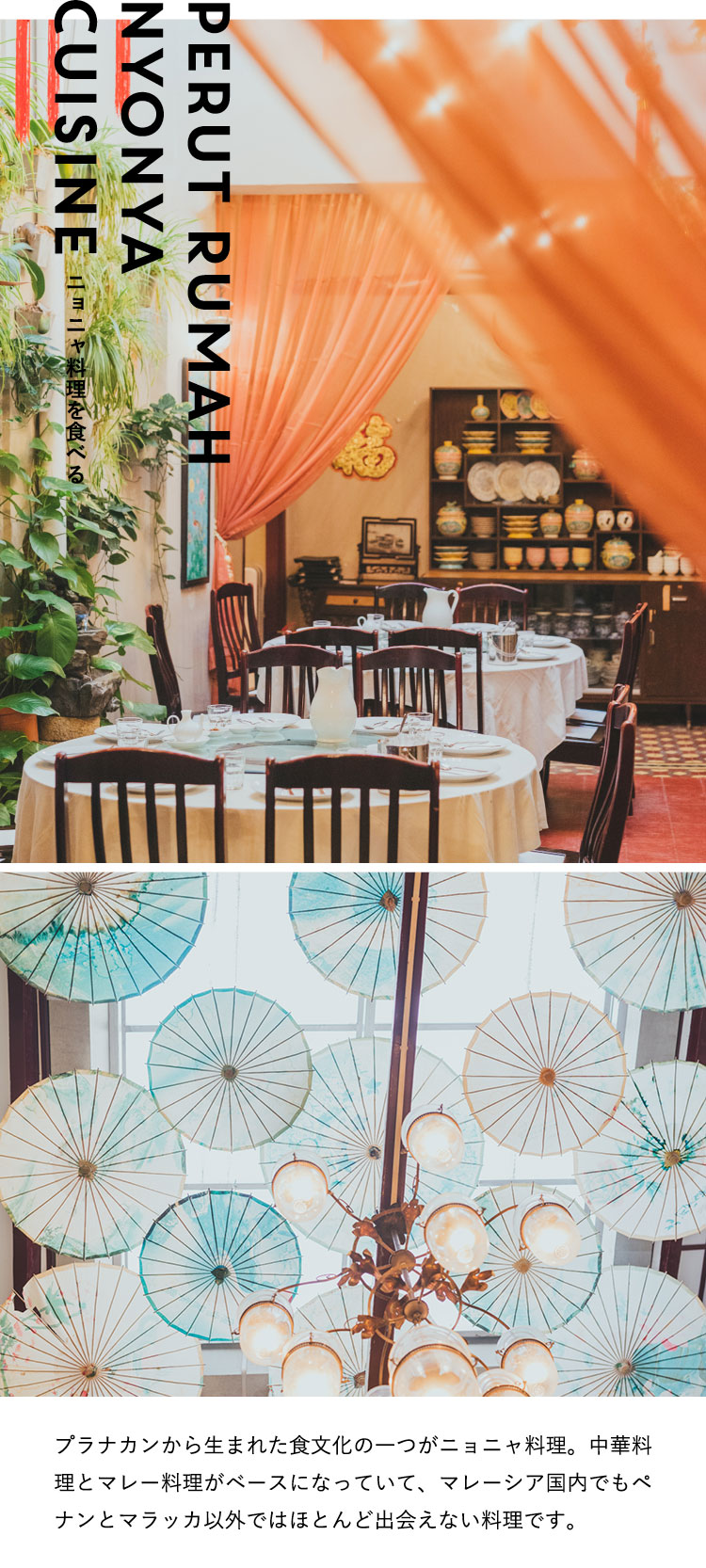 ニョニャ料理を食べる Perut Rumah Nyonya Cuisine プラナカンから生まれた食文化の一つがニョニャ料理。中華料理とマレー料理がベースになっていて、マレーシア国内でもペナンとマラッカ以外ではほとんど出会えない料理です。