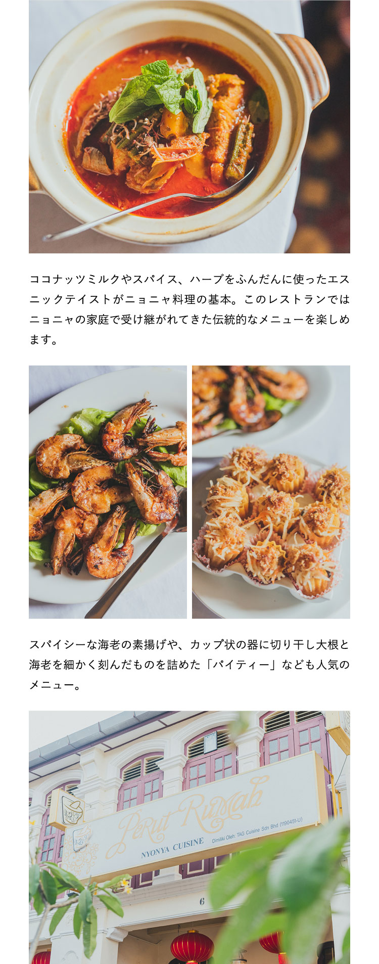 ココナッツミルクやスパイス、ハーブをふんだんに使ったエスニックテイストの料理がニョニャ料理の基本。このレストランではニョニャの家庭で受け継がれてきた伝統的なメニューを楽しめます。スパイシーな海老の素揚げや、カップ状の器に切り干し大根と海老を細かく刻んだものを詰めた「パイティー」なども人気のメニュー。