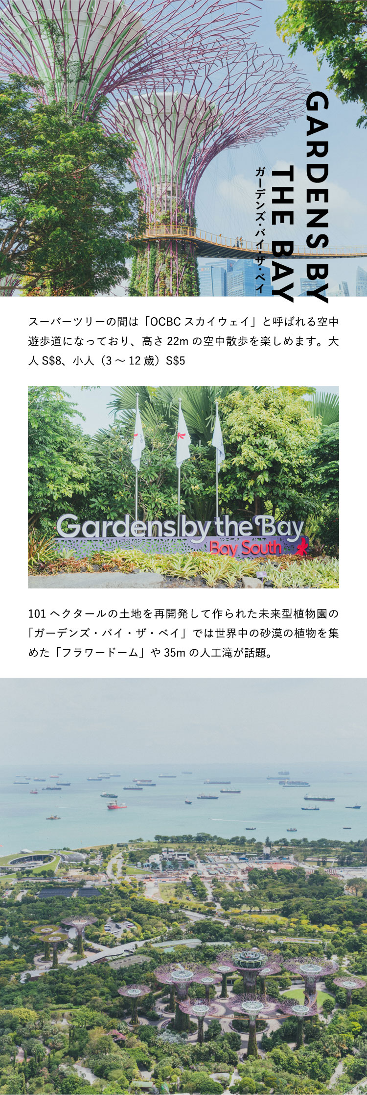 ガーデンズ・バイ・ザ・ベイ Gardens by the Bay スーパーツリーの間は「OCBCスカイウェイ」と呼ばれる空中遊歩道になっており、高さ22mの空中散歩を楽しめます。大人S$8、小人（3〜12歳）S$5 101ヘクタールの土地を再開発して作られた未来型植物園の「ガーデンズ・バイ・ザ・ベイ」では世界中の砂漠の植物を集めた「フラワードーム」や35mの人工滝が話題。