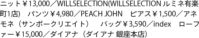 ニット￥13,000／WILLSELECTION(WILLSELECTION ルミネ有楽町1店)　パンツ￥4,980／PEACH JOHN　ピアス￥1,500／アネモネ（サンポークリエイト）　バッグ￥3,590／index　ローファー￥15,000／ダイアナ（ダイアナ 銀座本店）