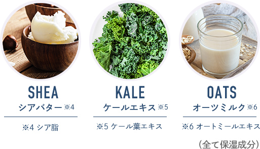 SHEA シアバター 皮脂に近い成分で肌を保湿・保護。 ／ KALE ケールエキス 抗酸化作用 ／ OATS オーツミルク 保湿、抗酸化、美白効果など注目成分