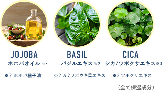 AVOCADO アボカドオイル ビタミンEなど、抗酸化成分が豊富。 ／ BASIL バジルエキス 抗酸化&リラックス ／ CICA シカ/ツボクサエキス 傷や火傷などの治療に用いられる