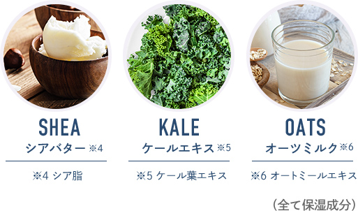 SHEA シアバター 皮脂に近い成分で肌を保湿・保護。 ／ KALE ケールエキス 抗酸化作用 ／ OATS オーツミルク 保湿、抗酸化、美白効果など注目成分