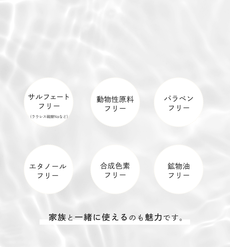 サルフェートフリー(ラウレス硫酸Naなど) 動物性原料フリー パラベンフリー エタノールフリー 合成色素フリー 鉱物油フリー 家族と一緒に使えるのも魅力です。