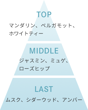 TOP/マンダリン、ベルガモット、ホワイトティー MIDDLE/ジャスミン、ミュゲ、ローズヒップ LAST/ムスク、シダーウッド、アンバー