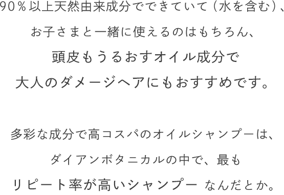 90％以上天然由来成分でできていて（水を含む）、お子さまと一緒に使えるのはもちろん、頭皮もうるおすオイル成分で大人のダメージヘアにもおすすめです。多彩な成分で高コスパのオイルシャンプーは、ダイアンボタニカルの中で、最もリピート率が高いシャンプーなんだとか。