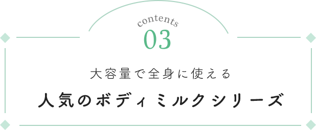contents 03 大容量で全身に使える人気のボディミルクシリーズ