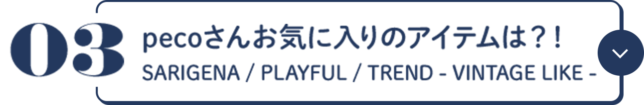 03 pecoさんお気に入りアイテムは？！ SARIGENA / PLAYFUL / TREND VINTAGE LIKE