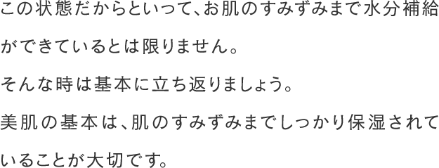 この状態だからといって、お肌のすみずみまで水分補給ができているとは限りません。そんな時は基本に立ち返りましょう。美肌の基本は、肌のすみずみまでしっかり保湿されていることが大切です。
