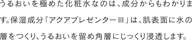 うるおいを極めた化粧水なのは、成分からもわかります。保湿成分「アクアプレゼンターⅢ」は、肌表面に水の層をつくり、うるおいを留め角層にじっくり浸透します。