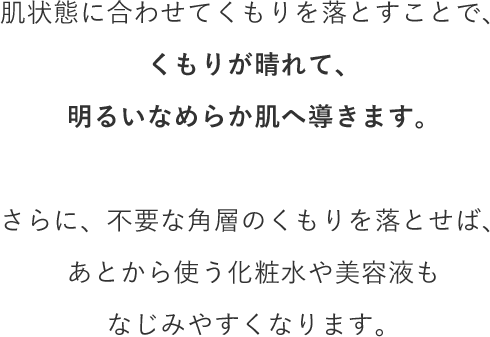 肌状態に合わせてくもりを落とすことで、くもりが晴れて、明るいなめらか肌へ導きます。さらに、不要な角層のくもりを落とせば、あとから使う化粧水や美容液もなじみやすくなります。