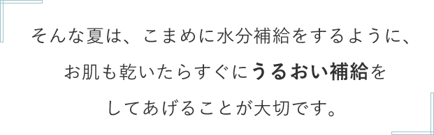 そんな夏は、こまめに水分補給をするように、お肌も乾いたらすぐにうるおい補給をしてあげることが大切です。