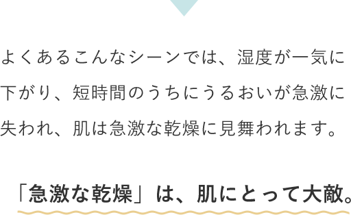 よくあるこんなシーンでは、湿度が一気に下がり、短時間のうちにうるおいが急激に失われ、肌は急激な乾燥に見舞われます。「急激な乾燥」は、肌にとって大敵。