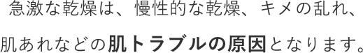 急激な乾燥は、慢性的な乾燥、キメの乱れ、肌あれなどの肌トラブルの原因となります。