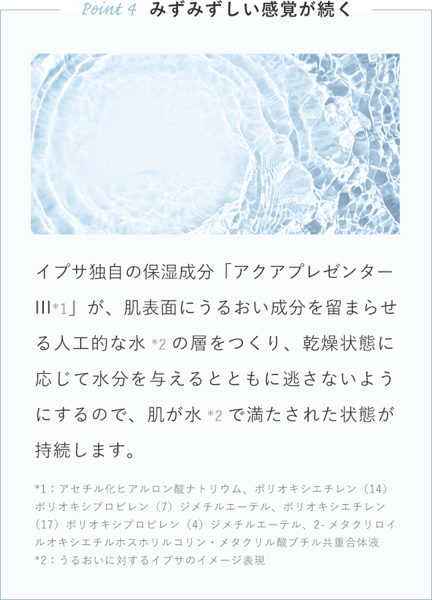 イプサ独自の保湿成分「アクアプレゼンターIII*1」が、肌表面にうるおい成分を留まらせる人工的な水*2の層をつくり、乾燥状態に応じて水分を与えるとともに逃さないようにするので、肌が水*2で満たされた状態が持続します。