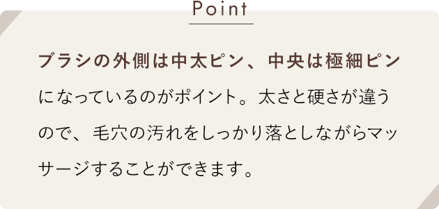 [Point]ブラシの外側は中太ピン、中央は極細ピンになっているのがポイント。太さと硬さが違うので、毛穴の汚れをしっかり落としながらマッサージすることができます。