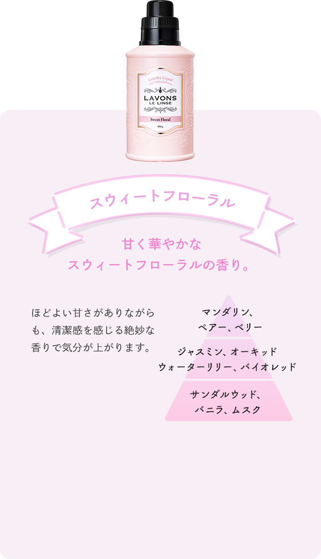 スウィートフローラル 甘く華やかなスウィートフローラルの香り。 ほどよい甘さがありながらも、清潔感を感じる絶妙な香りで気分が上がります。