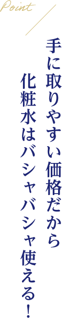 Point 手に取りやすい価格だから化粧水はバシャバシャ使える！