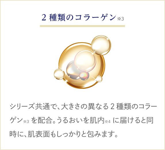 2種類のコラーゲン シリーズ共通で、大きさの異なる2種類のコラーゲン※3を配合。うるおいを肌内※4に届けると同時に、肌表面もしっかりと包みます。