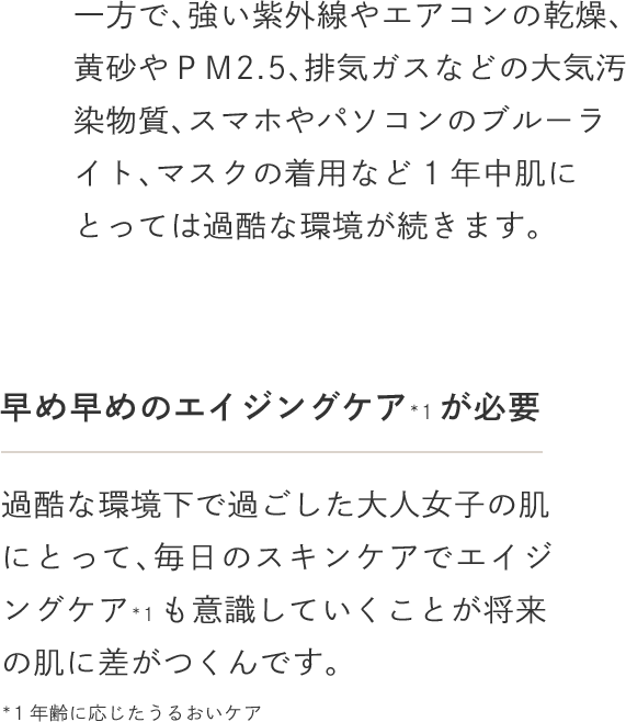 一方で、強い紫外線やエアコンの乾燥、黄砂やPM2.5、排気ガスなどの大気汚染物質、スマホやパソコンのブルーライト、マスクの着用など1年中肌にとっては過酷な環境が続きます。 【早め早めのエイジングケアが必要】過酷な環境下で過ごした大人女子の肌にとって、毎日のスキンケアでエイジングケアも意識していくことが将来の肌に差がつくんです。
