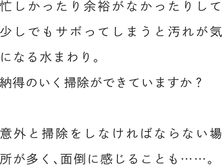 忙しかったり余裕がなかったりして少しでもサボってしまうと汚れが気になる水まわり。納得のいく掃除ができていますか？意外と掃除をしなければならない場所が多く、面倒に感じることも……。