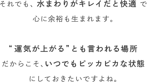 それでも、水まわりがキレイだと快適で心に余裕も生まれます。“運気が上がる”とも言われる場所だからこそ、いつでもピッカピカな状態にしておきたいですよね。