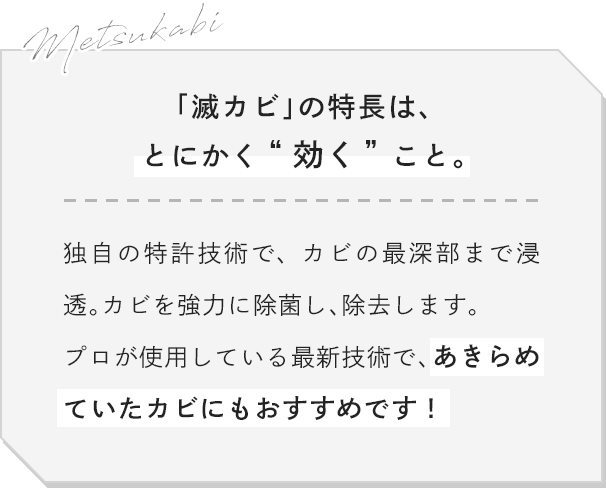 「滅カビ」の特長は、とにかく“効く”こと。独自の特許技術で、カビの最深部まで浸透。カビを強力に除菌し、除去します。プロが使用している最新技術で、あきらめていたカビにもおすすめです！