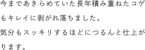 今まであきらめていた長年積み重ねたコゲもキレイに剥がれ落ちました。気分もスッキリするほどにつるんと仕上がります。
