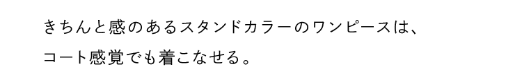 きちんと感のあるスタンドカラーのワンピースは、コート感覚でも着こなせる。
