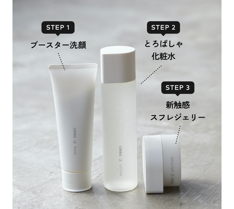STEP 1. ブースター洗顔／STEP 2. とろぱしゃ化粧水／STEP 3. 新触感スフレジェリー