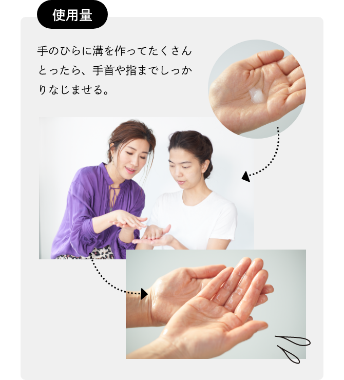 【使用量】手のひらに溝を作ってたくさんとったら、手首や指までしっかりなじませる。