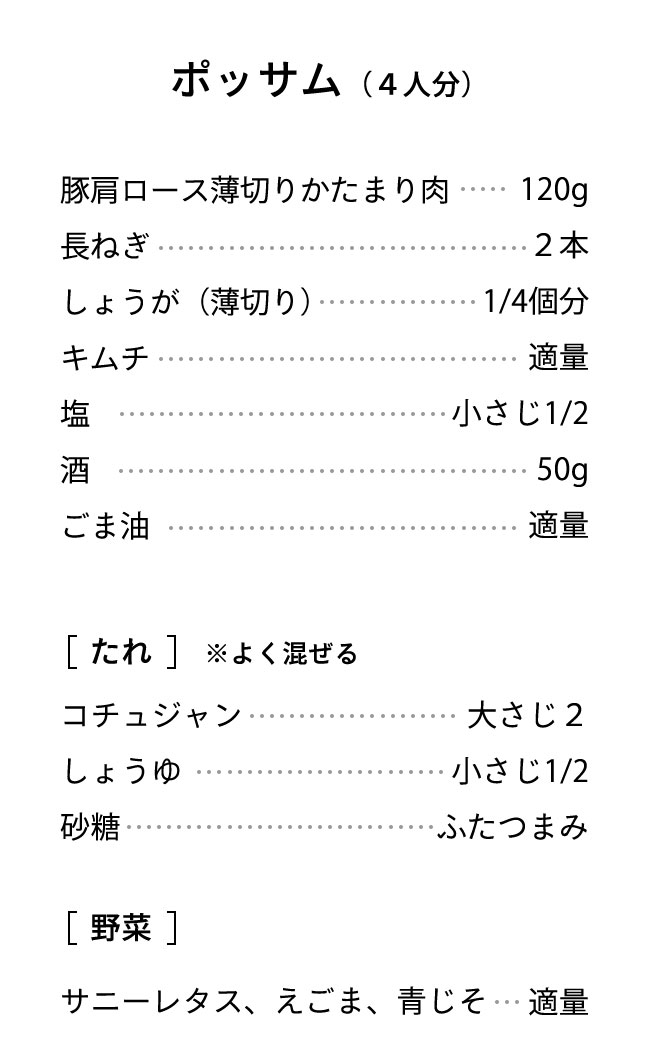 材料（４人分） 豚肩ロースかたまり肉･･･400～500g 長ねぎ･･･2本 しょうが（薄切り）･･･1/4個分 キムチ･･･適量 塩･･･小さじ1/2 酒･･･50g ごま油･･･適量 【たれ】（よく混ぜる） コチュジャン･･･大さじ2 しょうゆ･･･小さじ1/2 砂糖･･･ふたつまみ  【野菜】サニーレタス、えごま、青じそ･･･適量