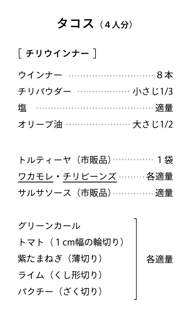 材料（４人分） チリウインナー ウインナー･･･８本 チリパウダー･･･ 小さじ1/3 塩･･･適量 オリーブ油･･･大さじ1/2 トルティーヤ（市販品）･･･ １袋 ワカモレ・チリビーンズ･･･各適量 サルサソース（市販品）･･･適量 グリーンカール ・トマト（１cm幅の輪切り）・紫たまねぎ（薄切り）・ イム（くし形切り）・パクチー（ざく切り）･･･各適量