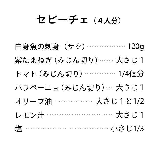 材料（４人分） 白身魚の刺身（サク）･･･120g 紫たまねぎ（みじん切り）･･･大さじ1 トマト（みじん切り）･･･1/4個分 ハラペーニョ（みじん切り）･･･大さじ1 オリーブ油･･･大さじ1と1/2 レモン汁･･･ 大さじ1 塩･･･小さじ1/3