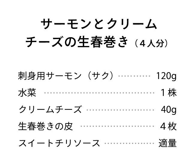 材料（４人分） 刺身用サーモン（サク）･･･120g 水菜･･･1株 クリームチーズ ･･･40g 生春巻きの皮･･･４枚 スイートチリソース･･･適量