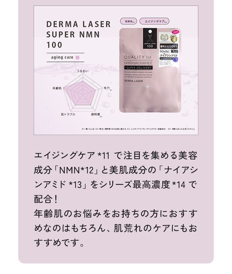エイジングケア *11で注目を集める美容成分「NMN*12」と美肌成分の「ナイアシンアミド*13」をシリーズ最高濃度*14で配合！年齢肌のお悩みをお持ちの方におすすめなのはもちろん、肌荒れのケアにもおすすめです。