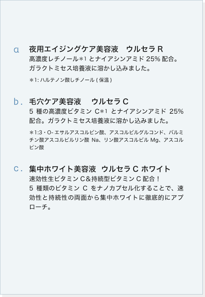 a.夜用エイジングケア美容液 ウルセラR b.毛穴ケア美容液 ウルセラC c.集中ホワイト美容液 ウルセラC ホワイト