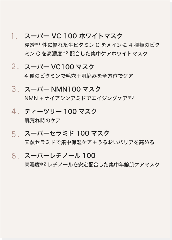 1.スーパー VC 100 ホワイトマスク 2.スーパーVC100マスク 3.スーパーNMN100マスク 4.ティーツリー100マスク 5.スーパーセラミド100マスク 6.スーパーレチノール100
