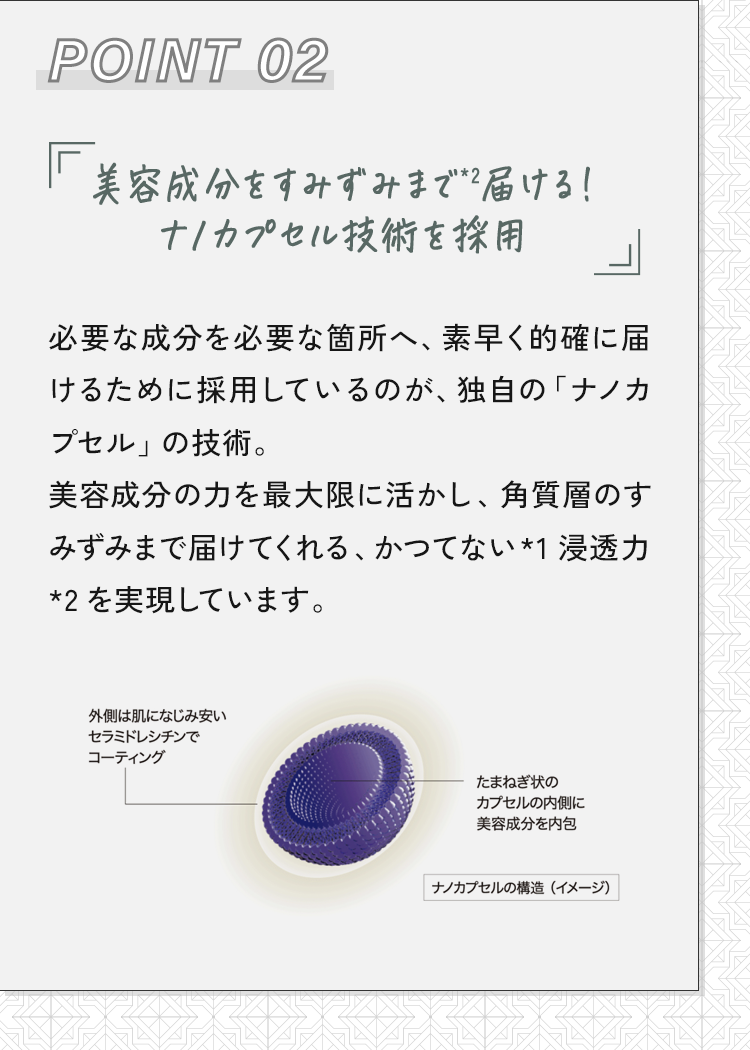02 Point 2美容成分をすみずみまで*2届ける！ナノカプセル技術を応用