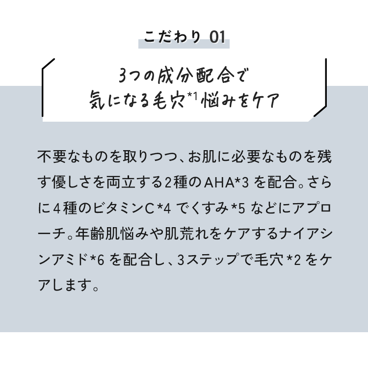 01 3つの成分配合で気になる毛穴*悩みをケア