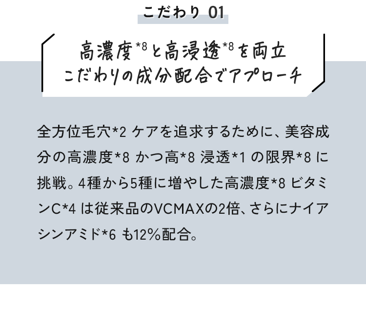 01 高濃度*8と高浸透*8を両立こだわりの成分配合でアプローチ